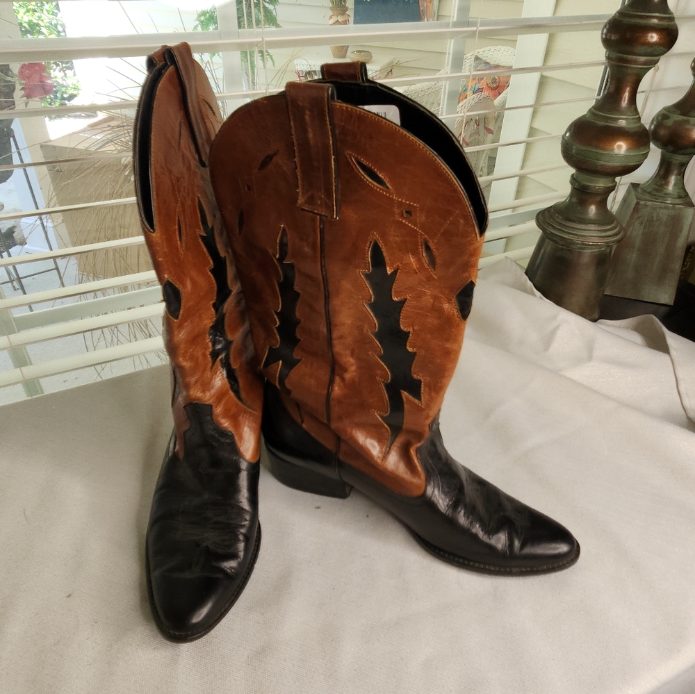 Youth Size Leather Cowboy Boots Brown and Black Pattern Size 7.5 S